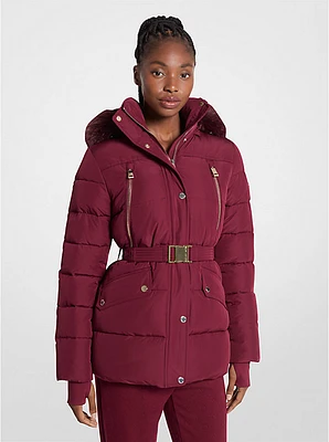 Faux Fur Trim Quilted Belted Puffer Jacket