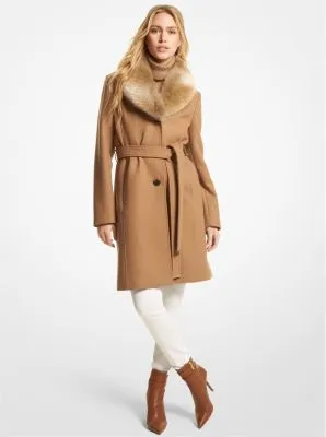 Faux Fur-Collar Wool Blend Coat