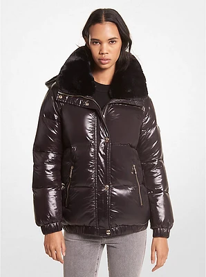 Faux Fur-Trim Quilted Nylon Puffer Jacket