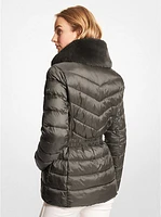 Faux Fur Trim Quilted Nylon Packable Puffer Jacket