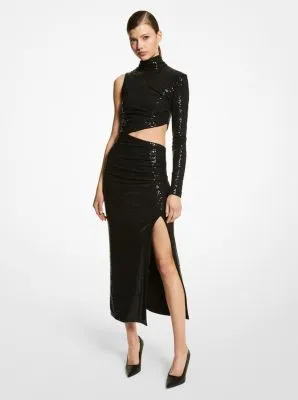 Hand-Embroidered Sequin Stretch Jersey Asymmetric Dress