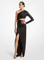 Paillette Embroidered Stretch Jersey Asymmetric Gown