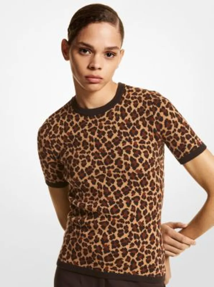 Leopard Jacquard Cashmere Short-Sleeve Sweater