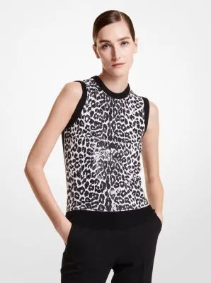 Leopard Print Embroidered Cashmere Sleeveless Sweater