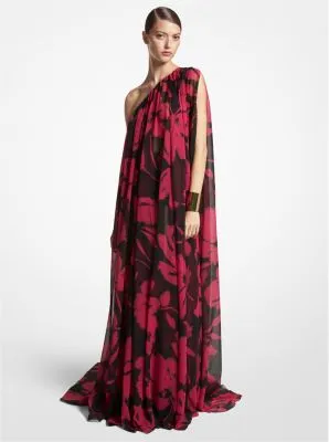 Brushstroke Floral Silk Chiffon One-Shoulder Caftan Gown