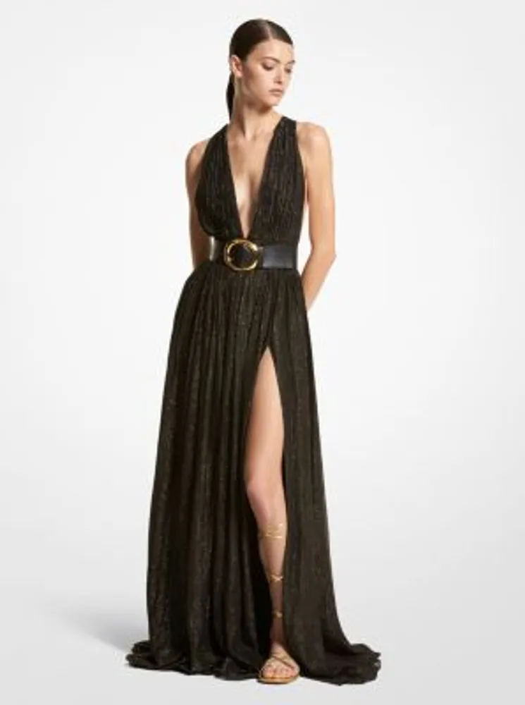 Hutton Metallic Striped Lamé Chiffon Gown