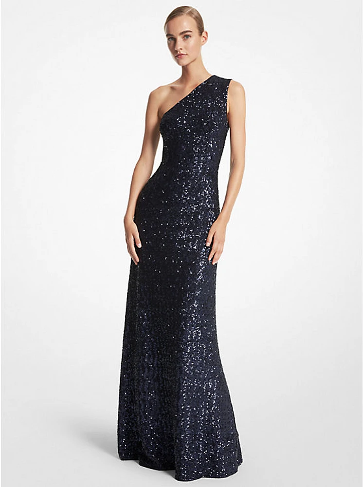 Sequined Stretch Tulle One-Shoulder Gown