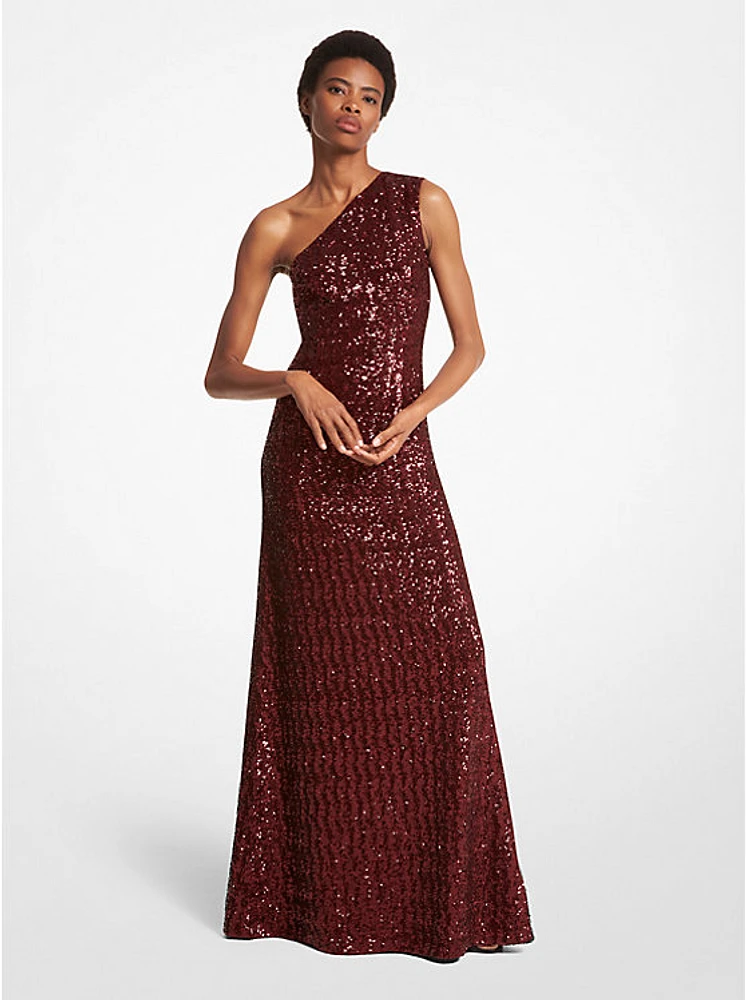 Vestido de noche en tul elástico con lentejuelas y hombro descubierto