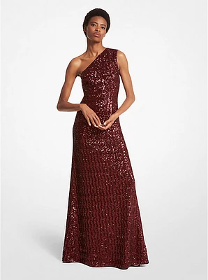 Vestido de noche en tul elástico con lentejuelas y hombro descubierto
