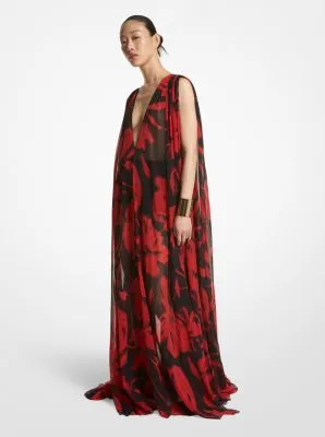 Brushstroke Floral Silk Chiffon V-Neck Caftan Gown