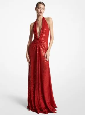 Hand-Embroidered Sequin Stretch Jersey Halter Gown