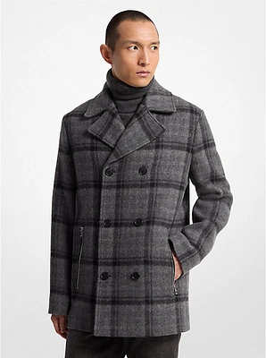 Plaid Textured Wool Blend Peacoat