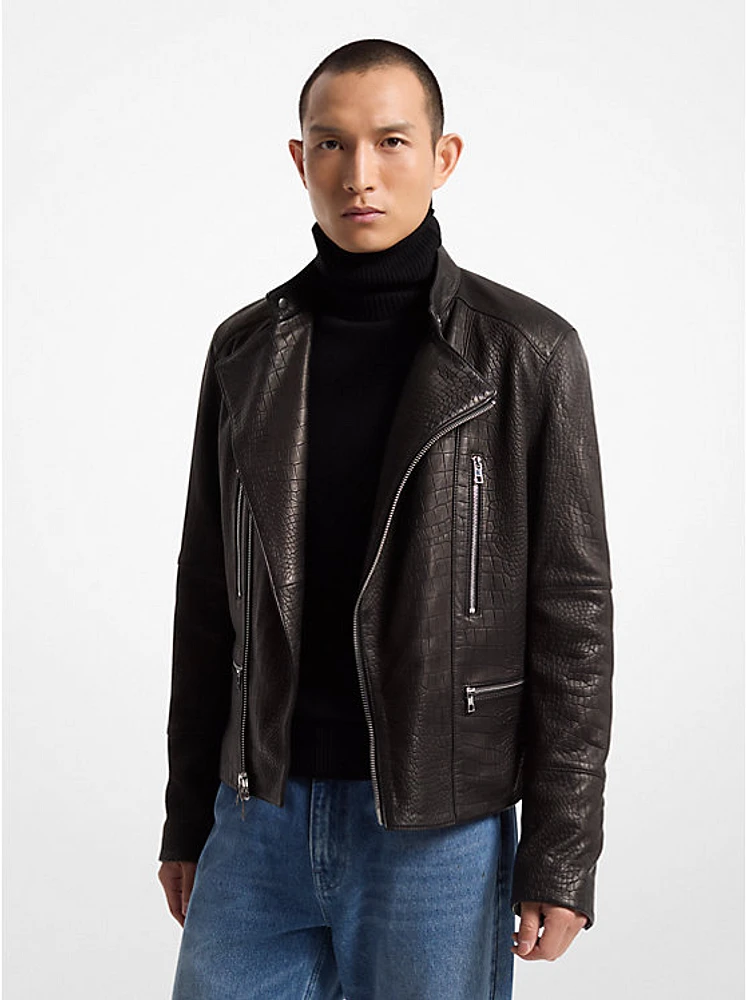 Crocodile Embossed Leather Biker Jacket