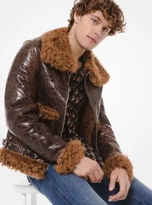 Distressed Patent Leather Shearling Jacket