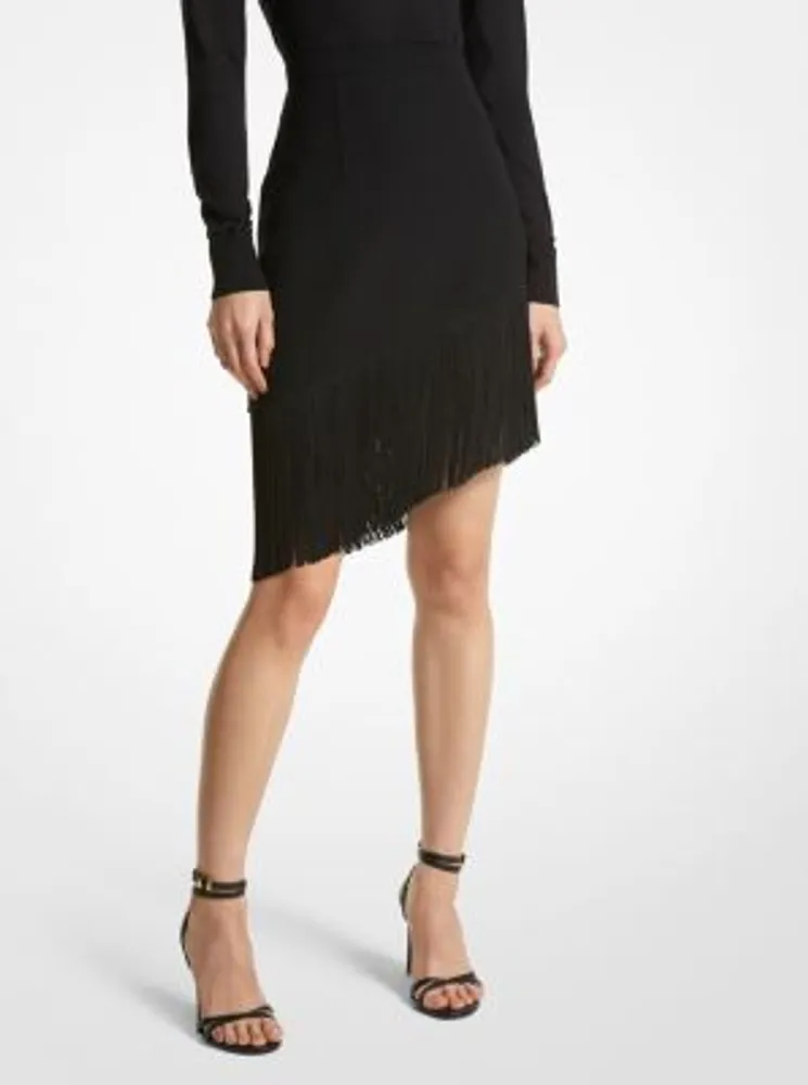 Double Faced Wool Asymmetric Fringed Skirt