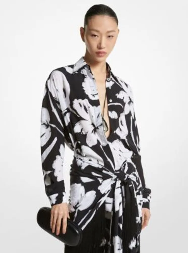 Brushstroke Floral Silk Crepe De Chine Boyfriend Shirt