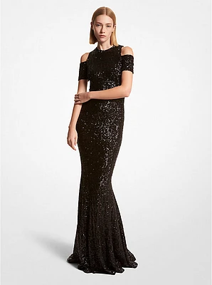 Sequined Stretch Cold-Shoulder Gown