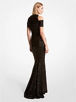 Sequined Stretch Cold-Shoulder Gown