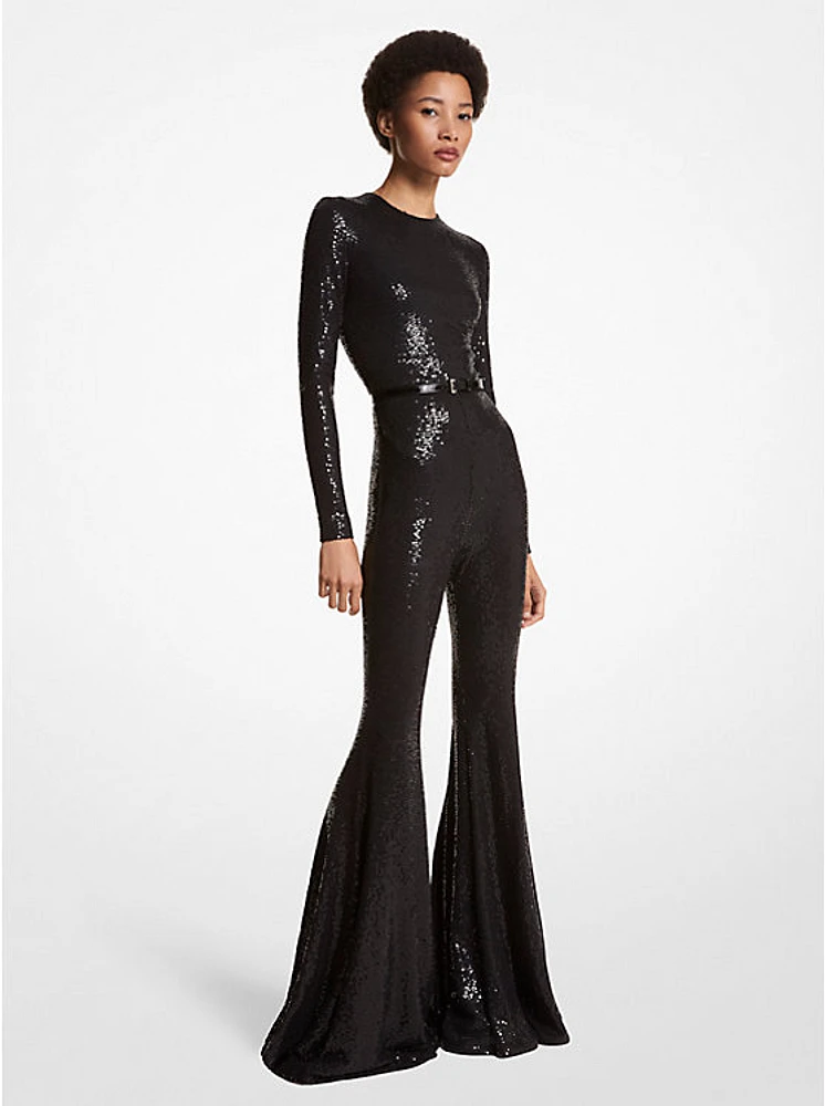 Hand-Embroidered Sequin Stretch Jersey Flared Jumpsuit