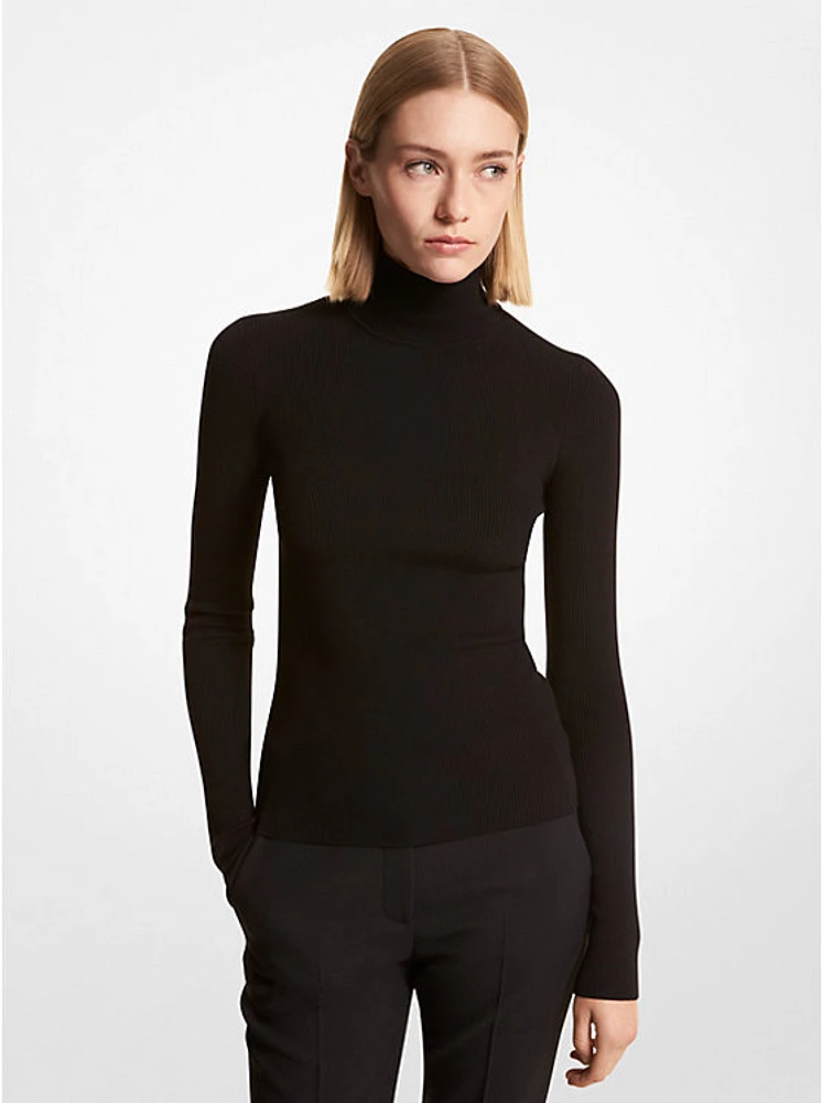 Ribbed Stretch Merino Wool Turtleneck Sweater