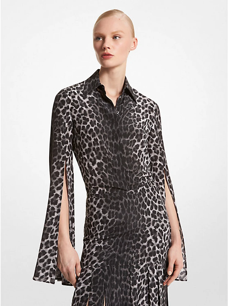 Leopard Silk Crepe De Chine Slit-Sleeve Shirt