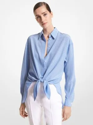 Striped Organic Silk Crepe De Chine Tie-Front Shirt