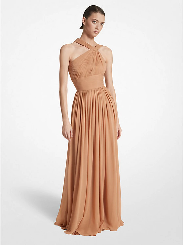 Hand-Gathered Silk Chiffon One-Shoulder Gown