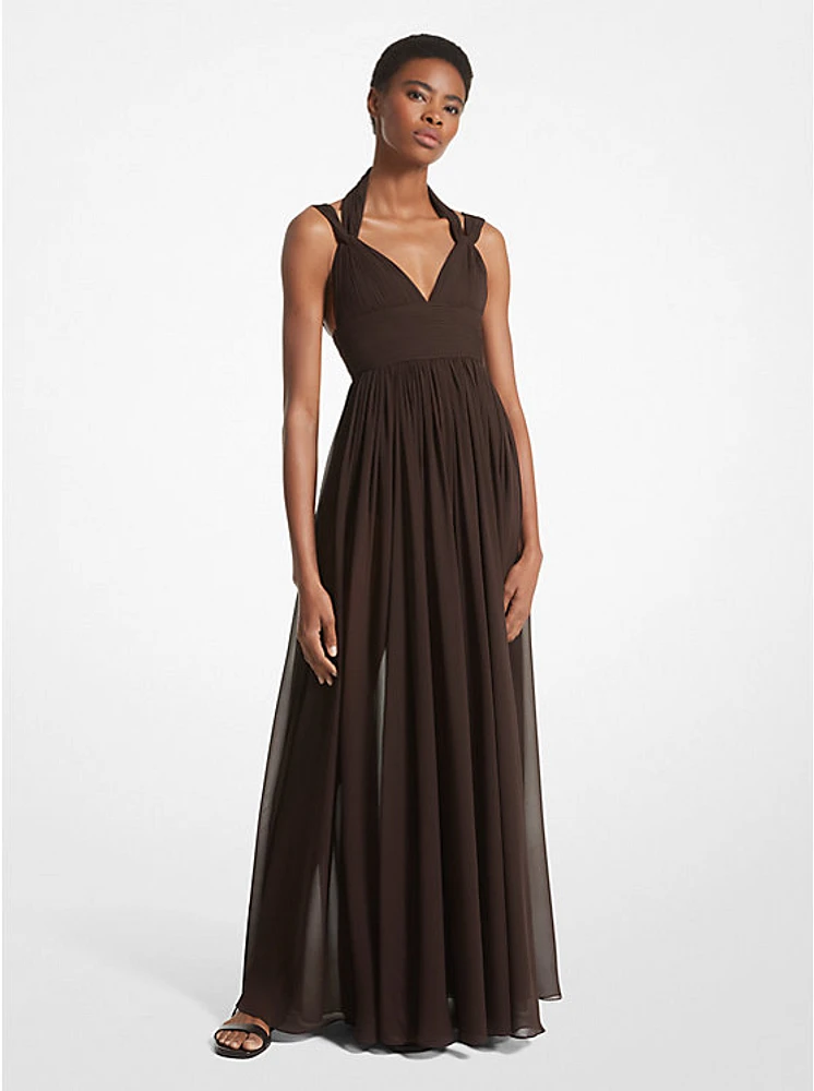 Hand-Gathered Silk Chiffon Split-Strap Gown