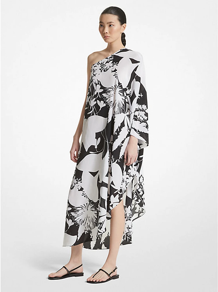 Shadow Floral Organic Silk Crepe De Chine One-Shoulder Caftan