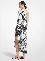 Shadow Floral Organic Silk Crepe De Chine One-Shoulder Caftan