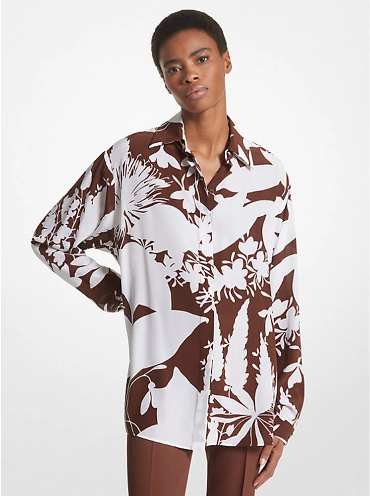 Shadow Floral Silk Crepe De Chine Boyfriend Shirt