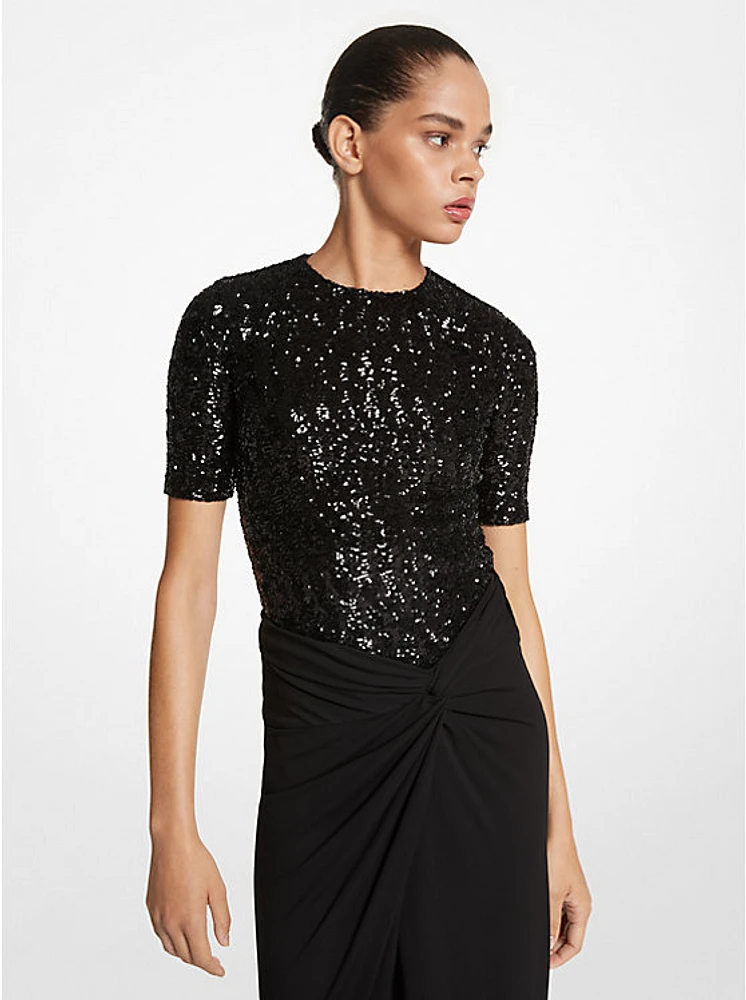 Sequined Stretch Tulle Short-Sleeve Bodysuit