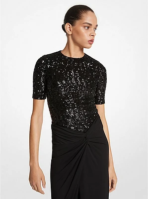 Sequined Stretch Tulle Short-Sleeve Bodysuit