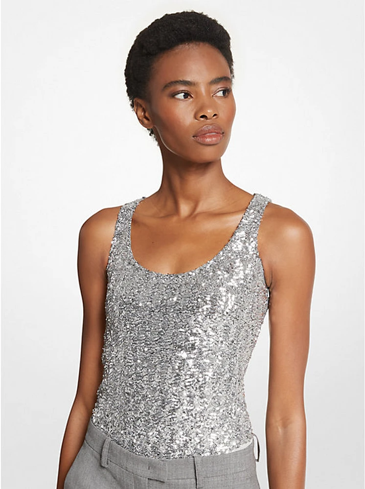 Sequined Stretch Tulle Scoop-Neck Bodysuit