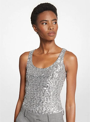 Sequined Stretch Tulle Scoop-Neck Bodysuit