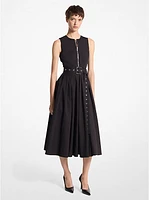 Stretch Cotton Poplin Belted Zip-Up Sleeveless Dress