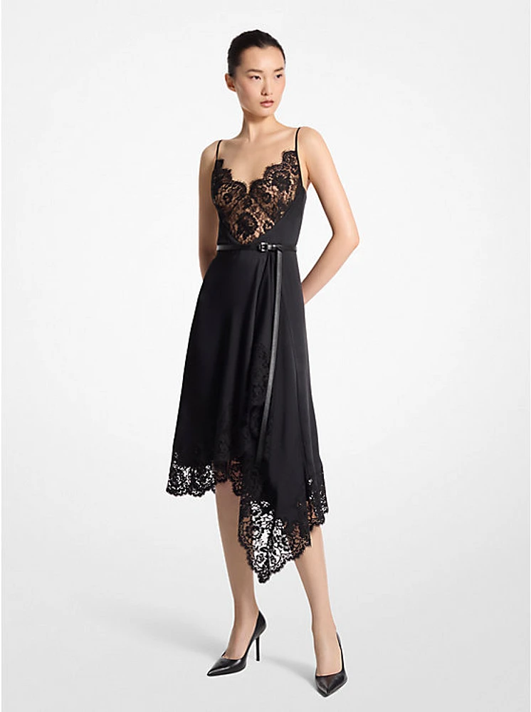 Lace Trim Satin Charmeuse Asymmetric Slip Dress