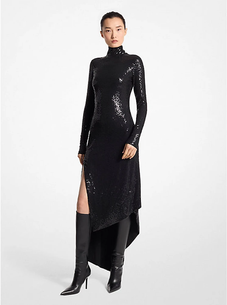 Sequined Stretch Matte Jersey Turtleneck Dress