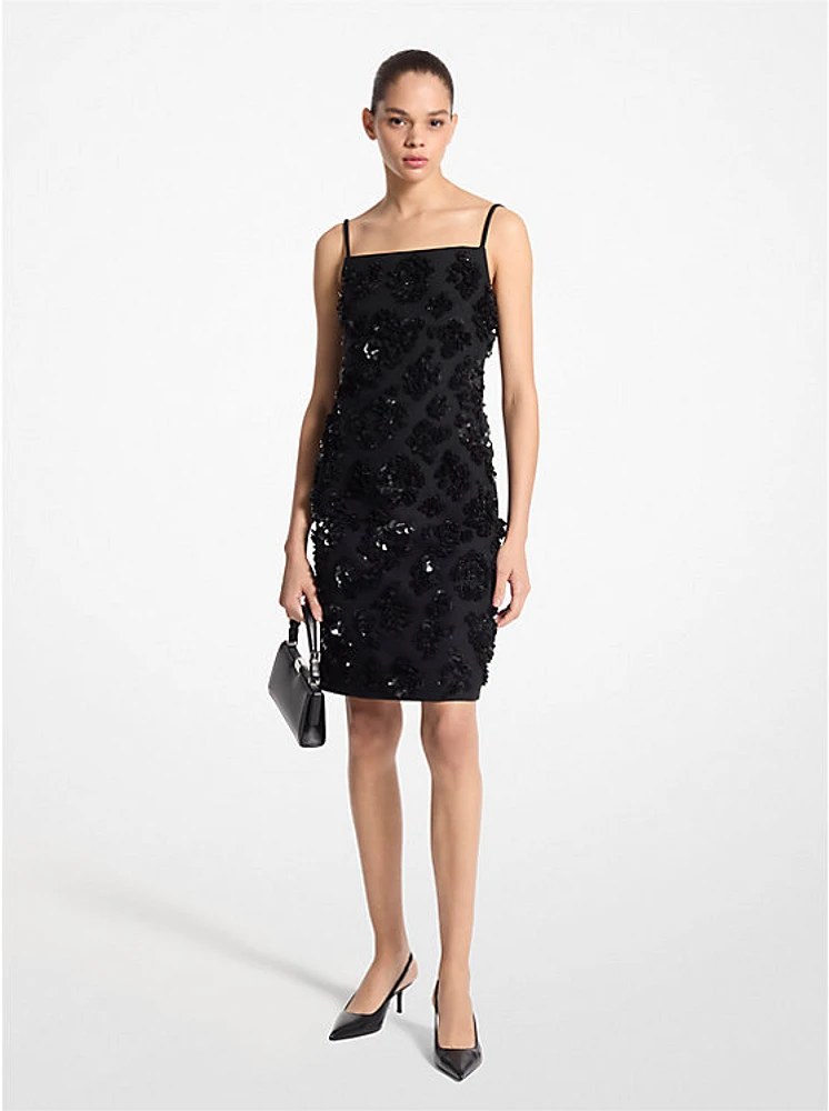 Hand-Embroidered Floral Sequin Wool Gabardine Dress