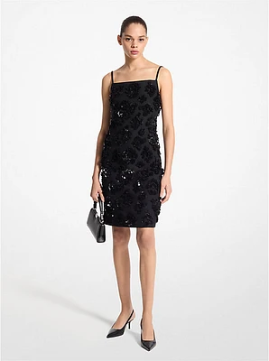 Hand-Embroidered Floral Sequin Wool Gabardine Dress