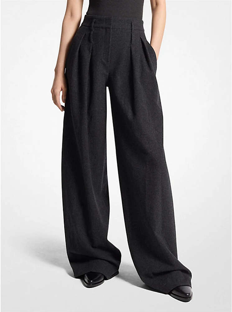 Stretch Wool Flannel Double Belted Pleated Trousers