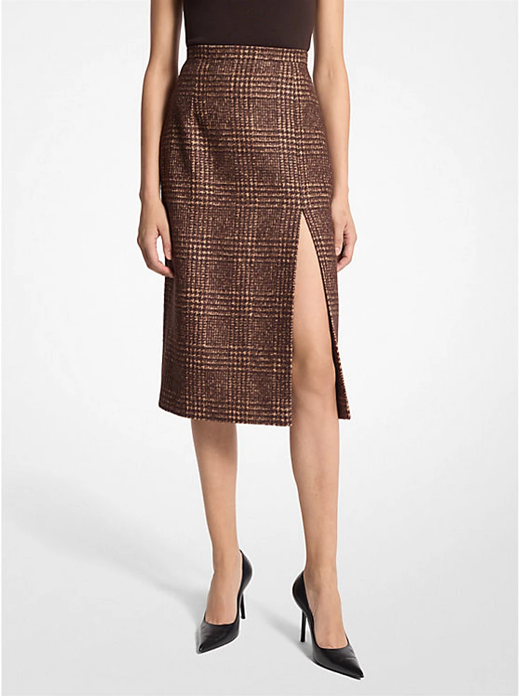 Glen Plaid Wool Blend Tweed Slit Skirt