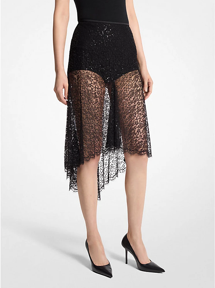 Hand-Embroidered Sequin Chantilly Lace Skirt