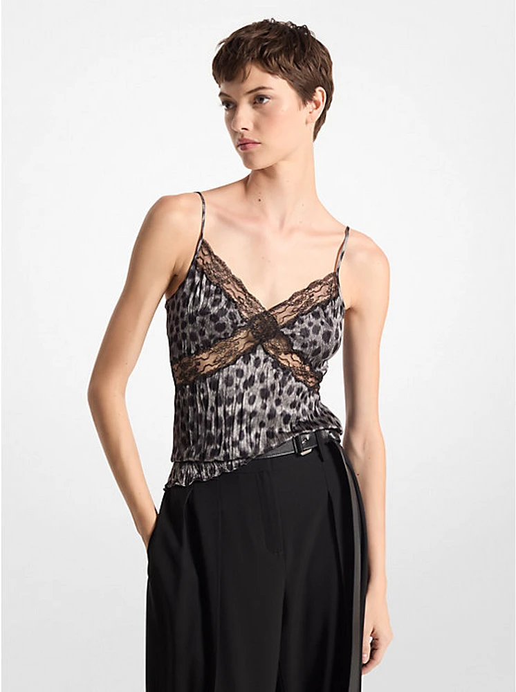 Lace Trim Cheetah Print Crushed Silk Charmeuse Tank Top