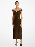 Hand-Embellished Paillettes Crepe Off-The-Shoulder Dress