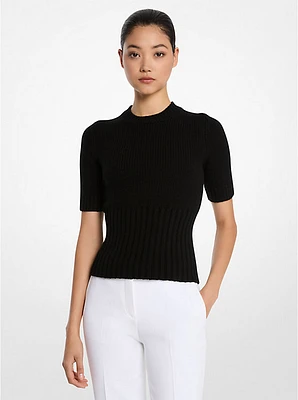 Ribbed Stretch Cashmere Short-Sleeve Sweater