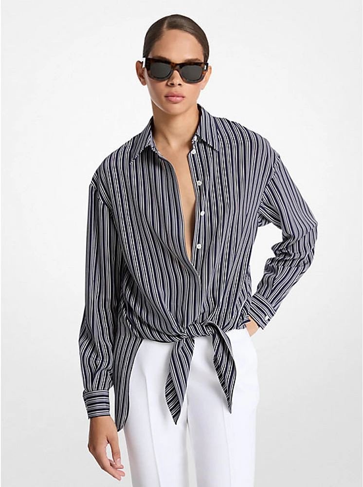 Striped Crepe De Chine Tie-Front Shirt