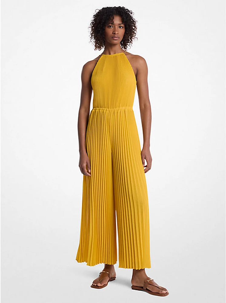 Pleated Embellished Georgette Halter Jumpsuit