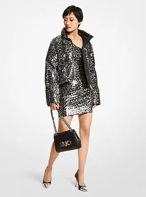 Leopard Sequined Cropped Puffer Jacket