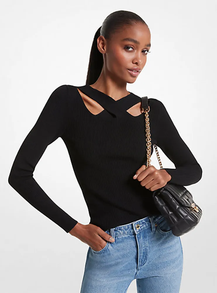 Ribbed Stretch Knit Cutout Sweater